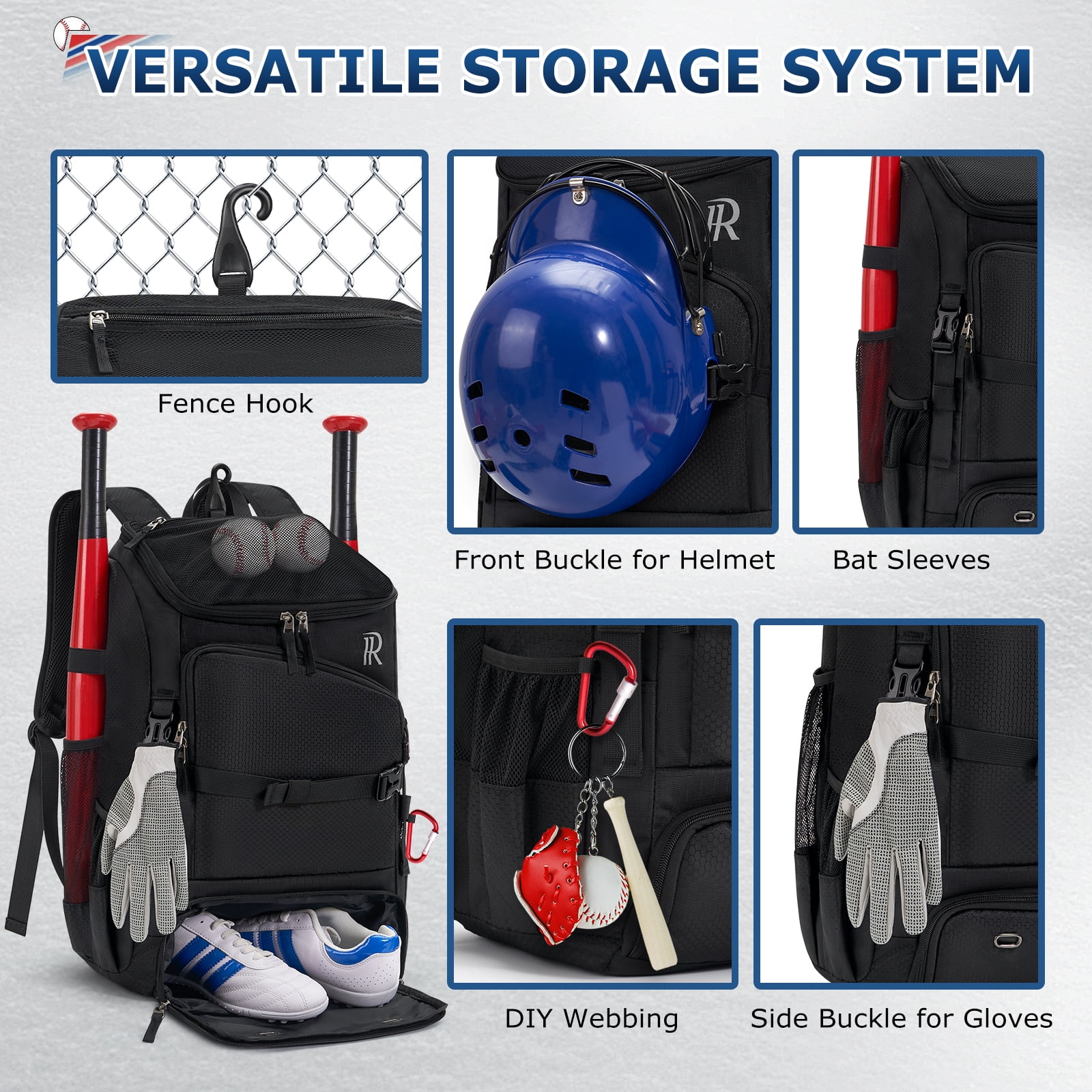 RAINSMORE Baseball Backpack 40L Large Softball Baseball Backapck with Helmet Holder, Shoe Compartment & Fence Hook, Durable Softball Gear Bag,Black