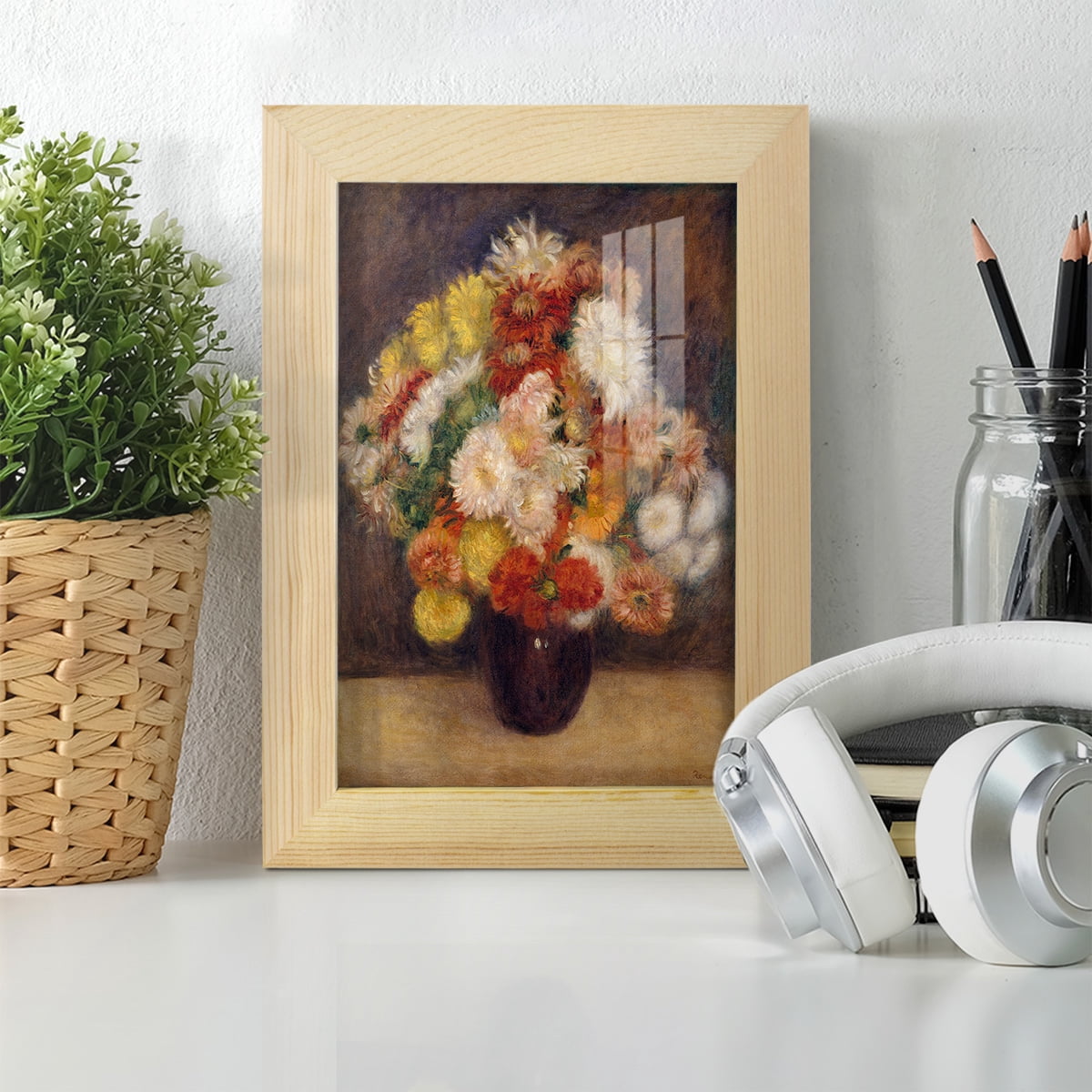 Bouquet of Chrysanthemums -Framed Print w/glass-Natural Wood