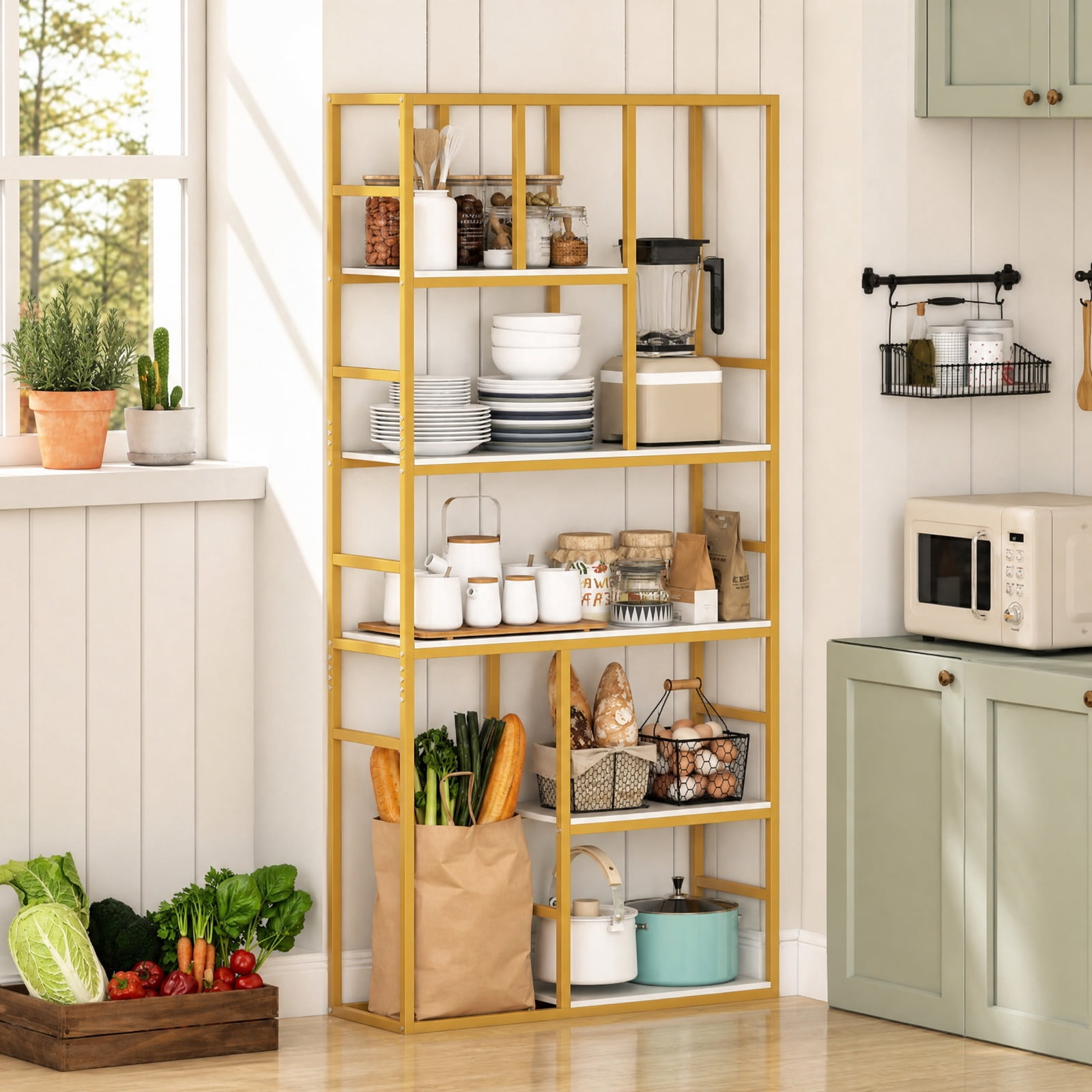 Furnibear 71 Inch Tall Bookshelf Metal Frame 5-Tier Geometric Bookcase-White & Golden for Living Room Home Office Bedroom Display Storage Shelf, White