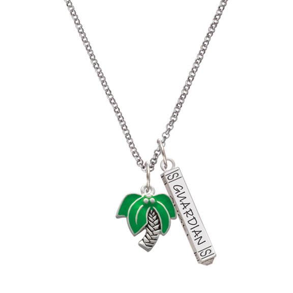 Delight Jewelry Silvertone Large Palm Tree Silvertone Guardian Angel Bar Charm Necklace, 23"