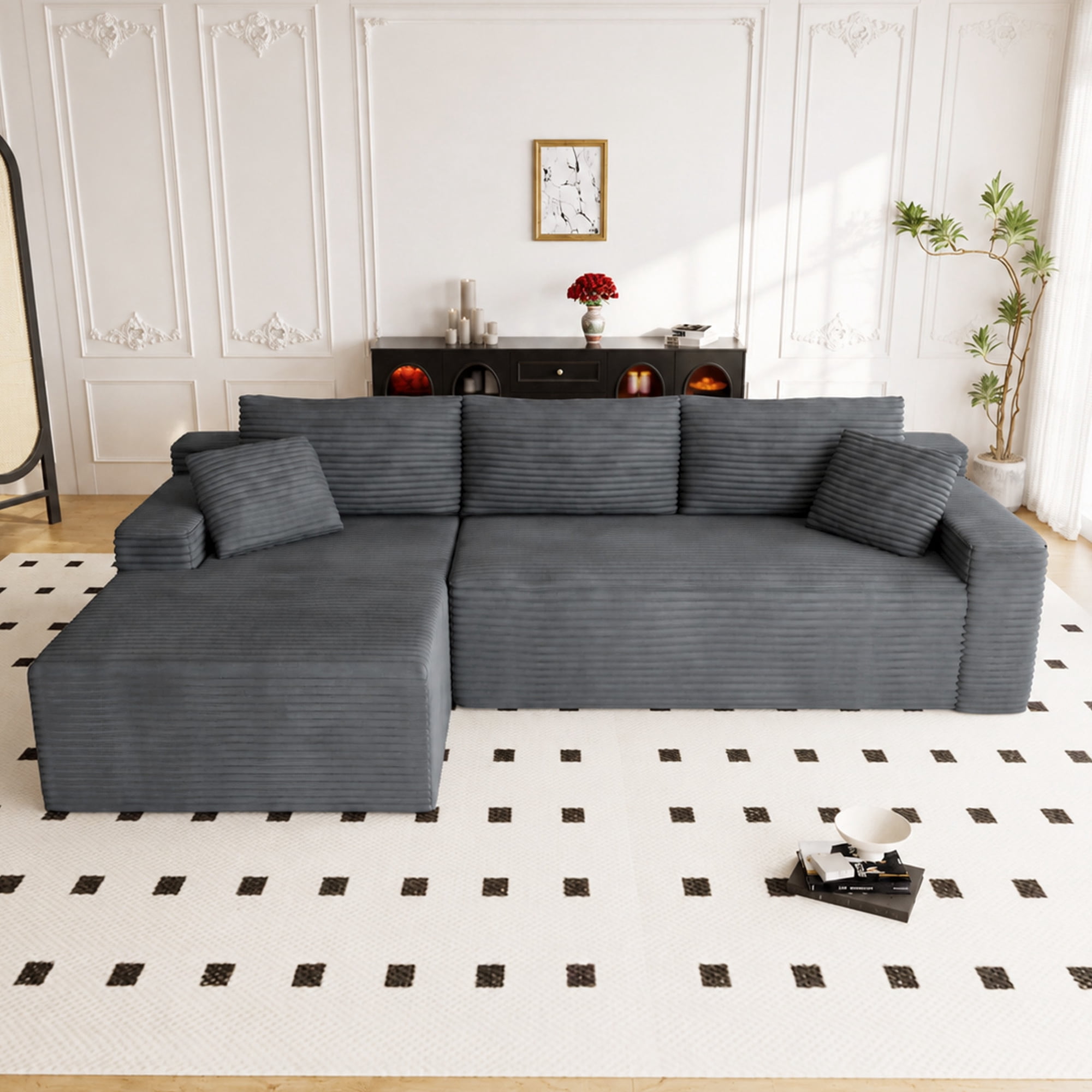Lunale 105" Modular L-Shaped Sectional Sofa, Boneless Cloud Couch, No Assembly Required, Modern Deep Seat Corduroy Sofa for Living Room, Dark Gray (Left Facing Chaise)