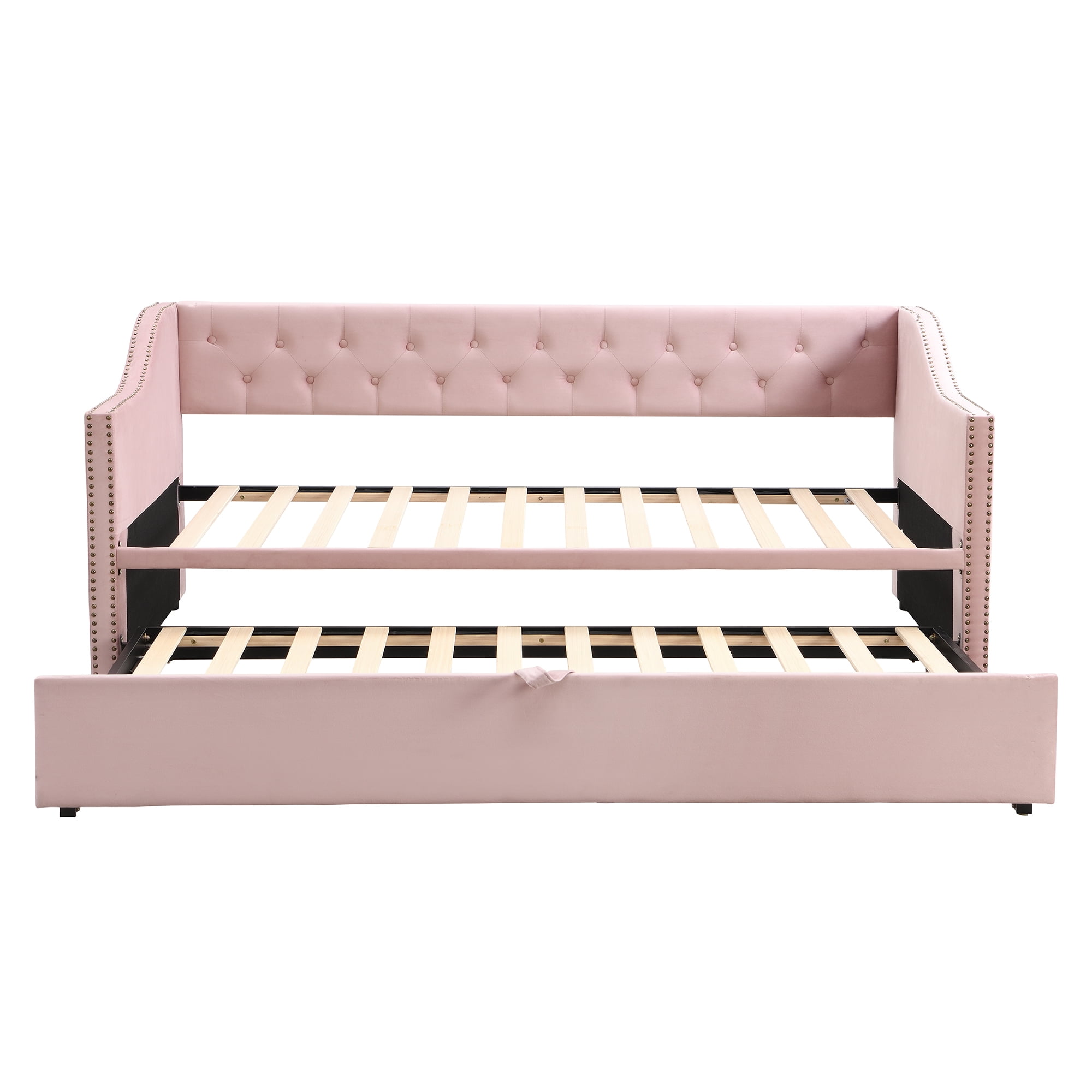Aukfa Twin Daybed with Pop-Up Trundle, Velvet Upholstered Bed Frame with Button Tufted Back and Nailhead Trim, Space Saving Guest Bed for Kids Room/Living Room, Pink