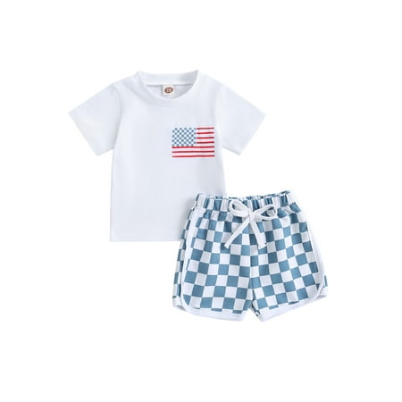 

jaweiwi Baby Toddler 2 Piece 4th of July Outfits for Boys 0 6M 12M 18M 24M 2T 3T Flag Print Short Sleeve T-Shirt and Elastic Checkerboard Shorts Set Summer Clothes