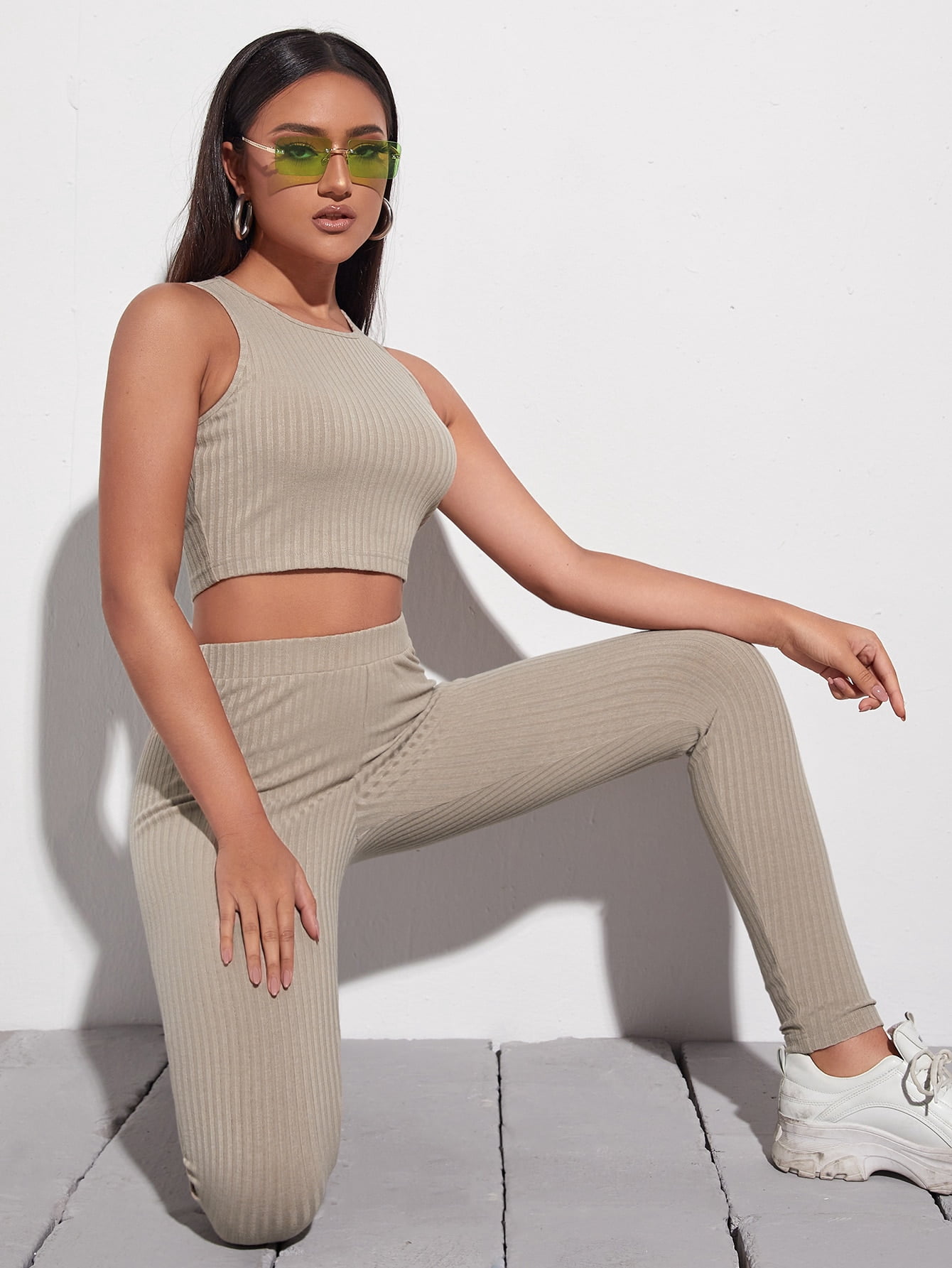 Rib Knit Tank Crop Top Leggings Set 