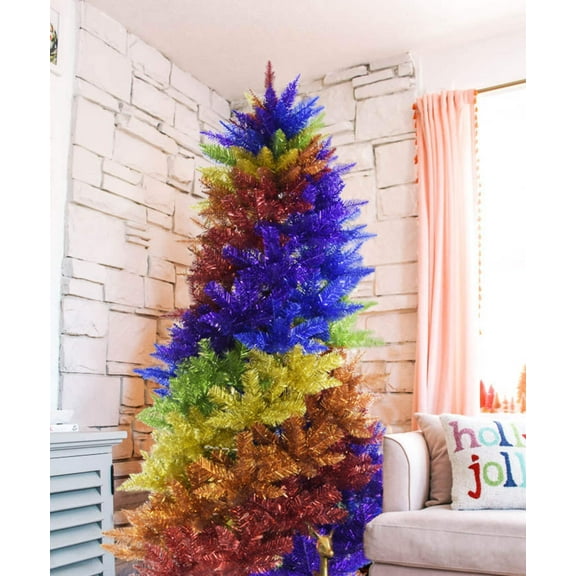 6.5' Rainbow Swirl Tinsel Christmas Tree with Red Stand