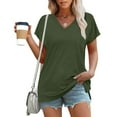 thumbnail image 6 of Fesfesfes Women's Summer Tee Outdoor V-Neck Slit Raglan Sleeves Short Sleeves Blouse Solid Color New Casual Sports Daily Wear T-shirt(Army Green,2XL), 6 of 7