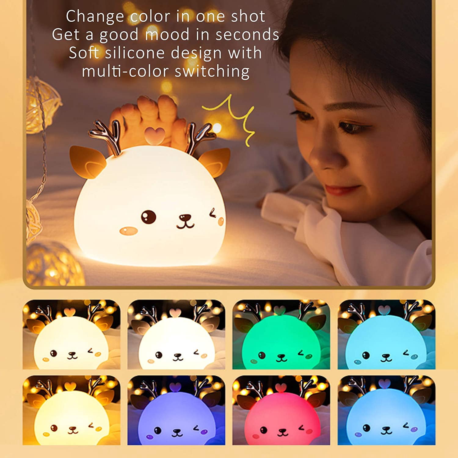 Deer LED Night Light - 7 Light Colors - Soft Touch Silicone - for Kids Baby Bedroom (USB Rechargeable)