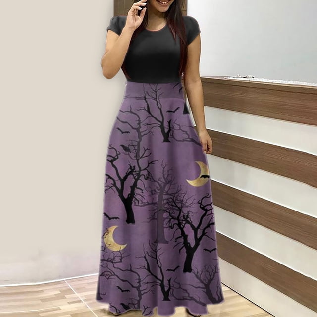 TIMIFIS Robe Longue Maxi d'Halloween pour Femmes Manches Courtes Col Rond Taille Haute Robe Longue Fluide Tendance Graphique Fête Automne/hiver