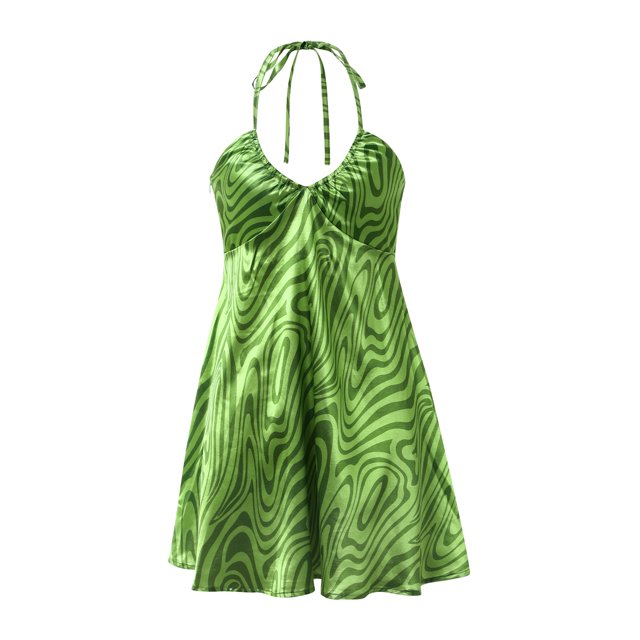 Vestido Para Mujer Con Cuello Halter Fruncido Sin Espalda Ondulado/Vestido Con Estampado De Flores Y Lunares XBTCLXEBCO Verde;S