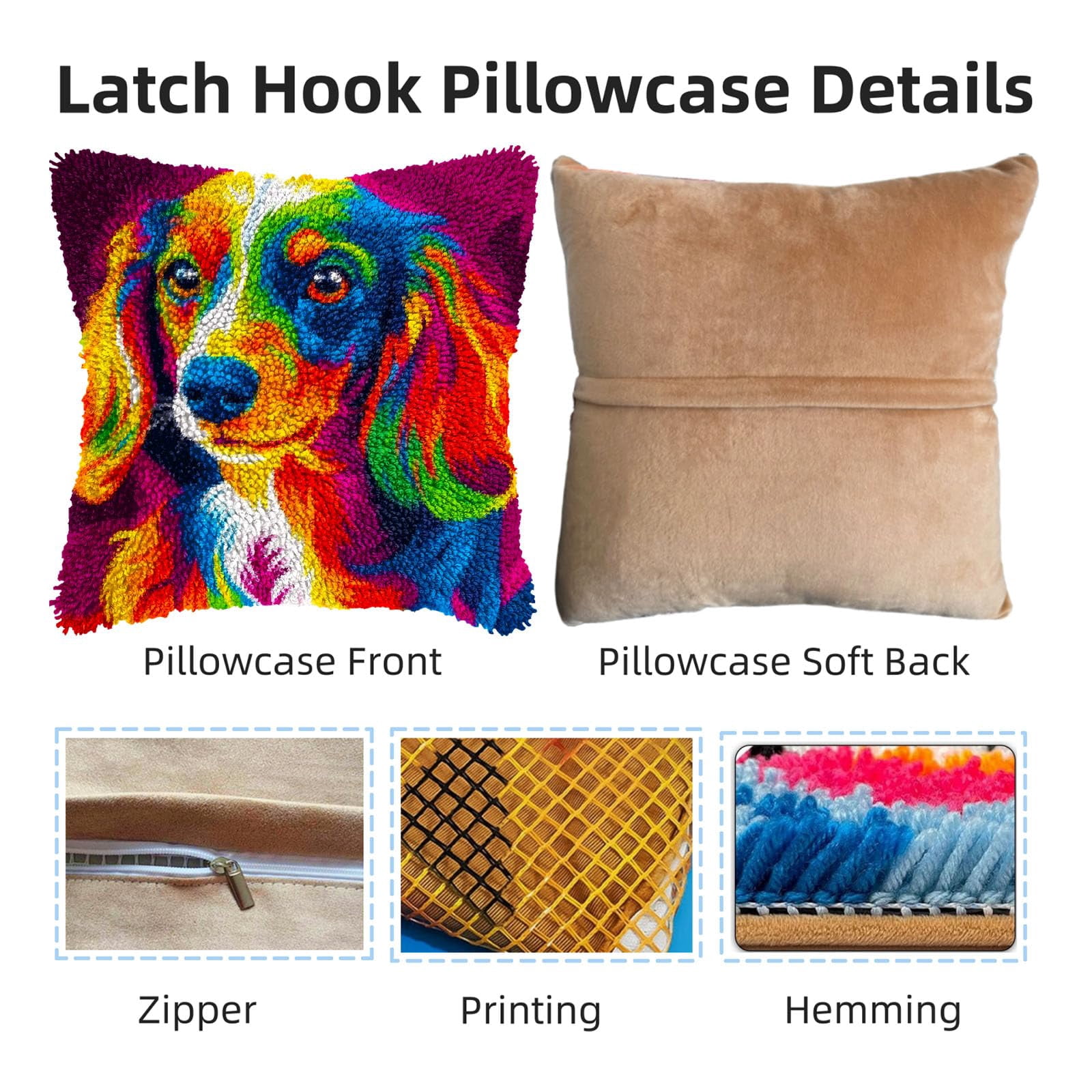 DIY Latch Hook Pillow Kits Colorful Dachshund Dog Printed Pillowcase Crochet Yarns Hooking Handmade Pillow Cover Cushion for Home Sofa Decoration 17x17inch-4