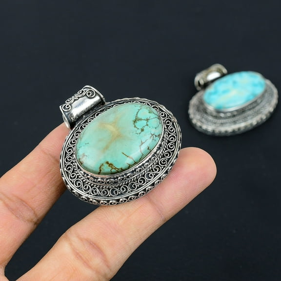 Natural Tibetan Turquoise Gemstone 925 Sterling Silver Pendant 1.51"