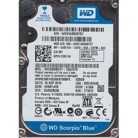 WD3200BEVT-75A23T0, DCM HHMTJHB, Western Digital 320GB SATA 2.5 Hard Drive
