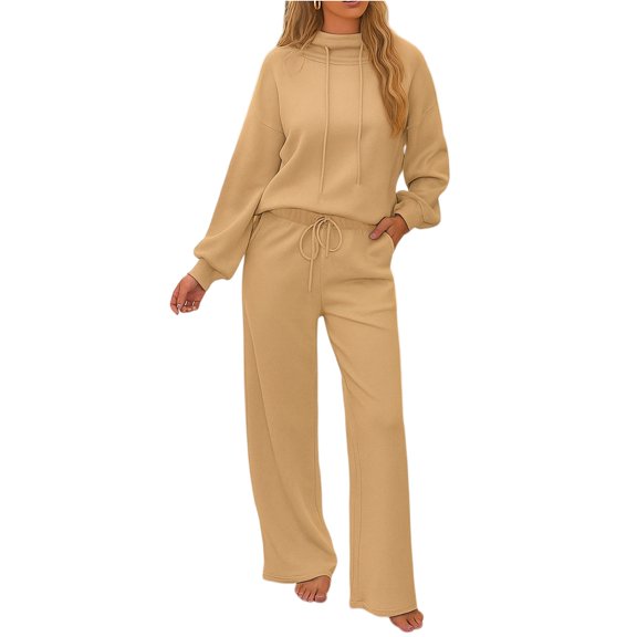 ZsaeSM Women 2 Piece Lounge Tracksuit High Neck Drawstring Sweatshirt & Comfy Wide Leg Pants Casual Outfit Set Beige L
