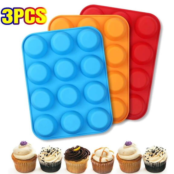 3-Pack Set: 12-Cup Silicone Muffin Pan - Food Grade, Non-Stick Baking Cups for Cupcakes & Eggs, Red, Blue, Orange