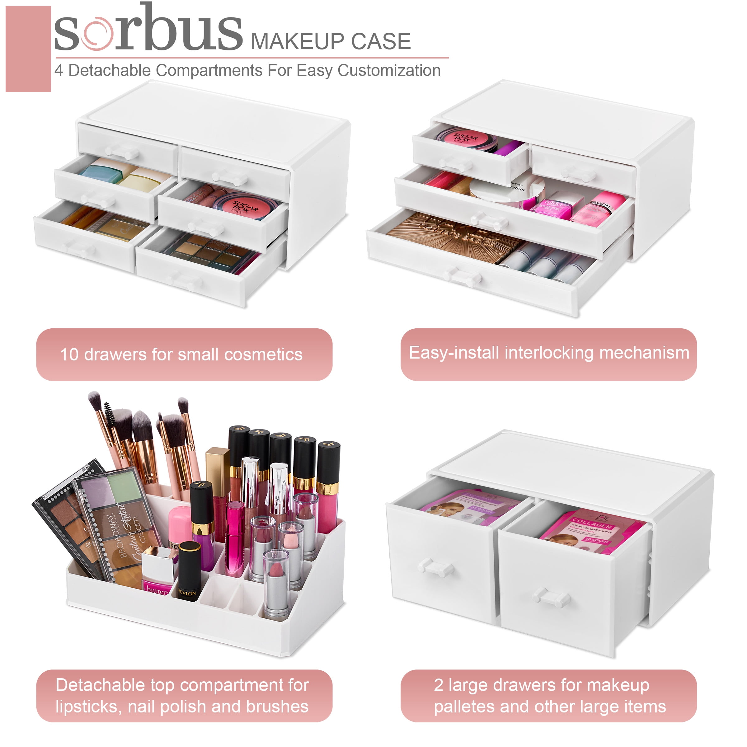 Sorbus Large Makeup Organizer - Stackable Jewelry & Makeup Organizer For Vanity, Bathroom Storage, Dresser - 12 Drawers Cosmetic Beauty Organizers and Storage with Lipstick, Makeup Brush Holder