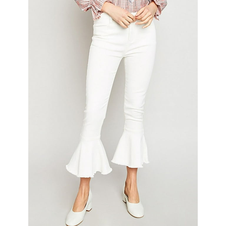 Womens Pants White Ruffle Bottom Pants Flared Pants White Jeans