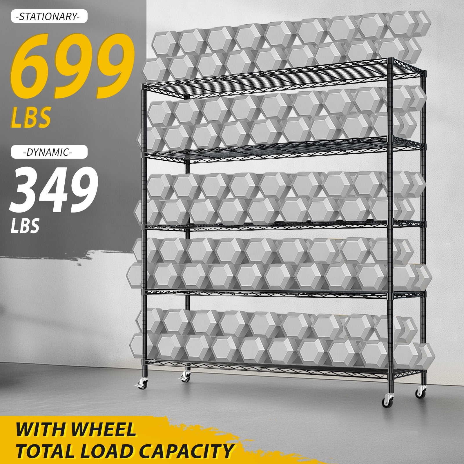 5-Tier Adjustable Iron Shelving Unit with Lockable Casters, Black, 46.85 x 18.50 x 72.83 in