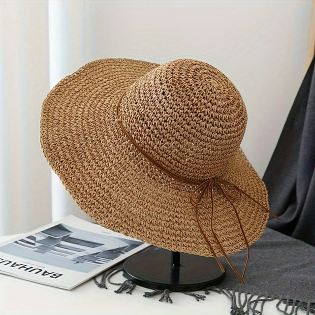 Adjustable Light Coffee Straw Sun Hat with Bowknot - 56-60CM Circumference, 15cm Wide Brim, Foldable & Solid Color Design for Versatile UV Protection