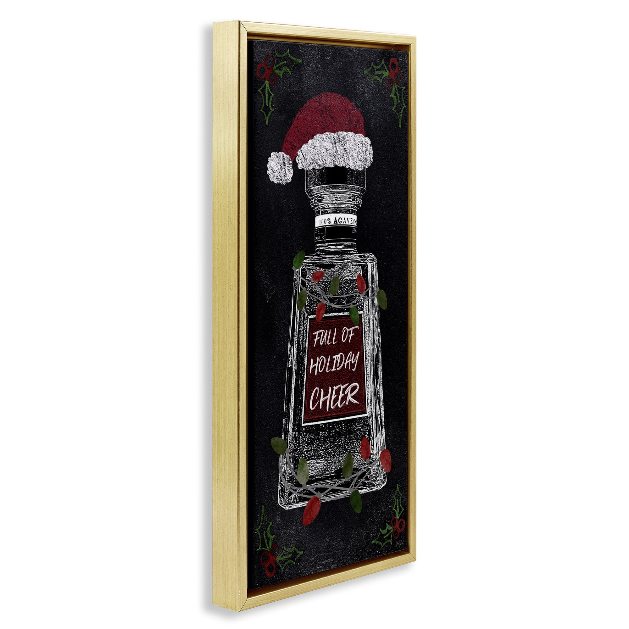 Stupell Industries Holiday Cheer Bottle Holiday Painting Gold Floater Framed Canvas Art Prints Wall Art, 11 x 25