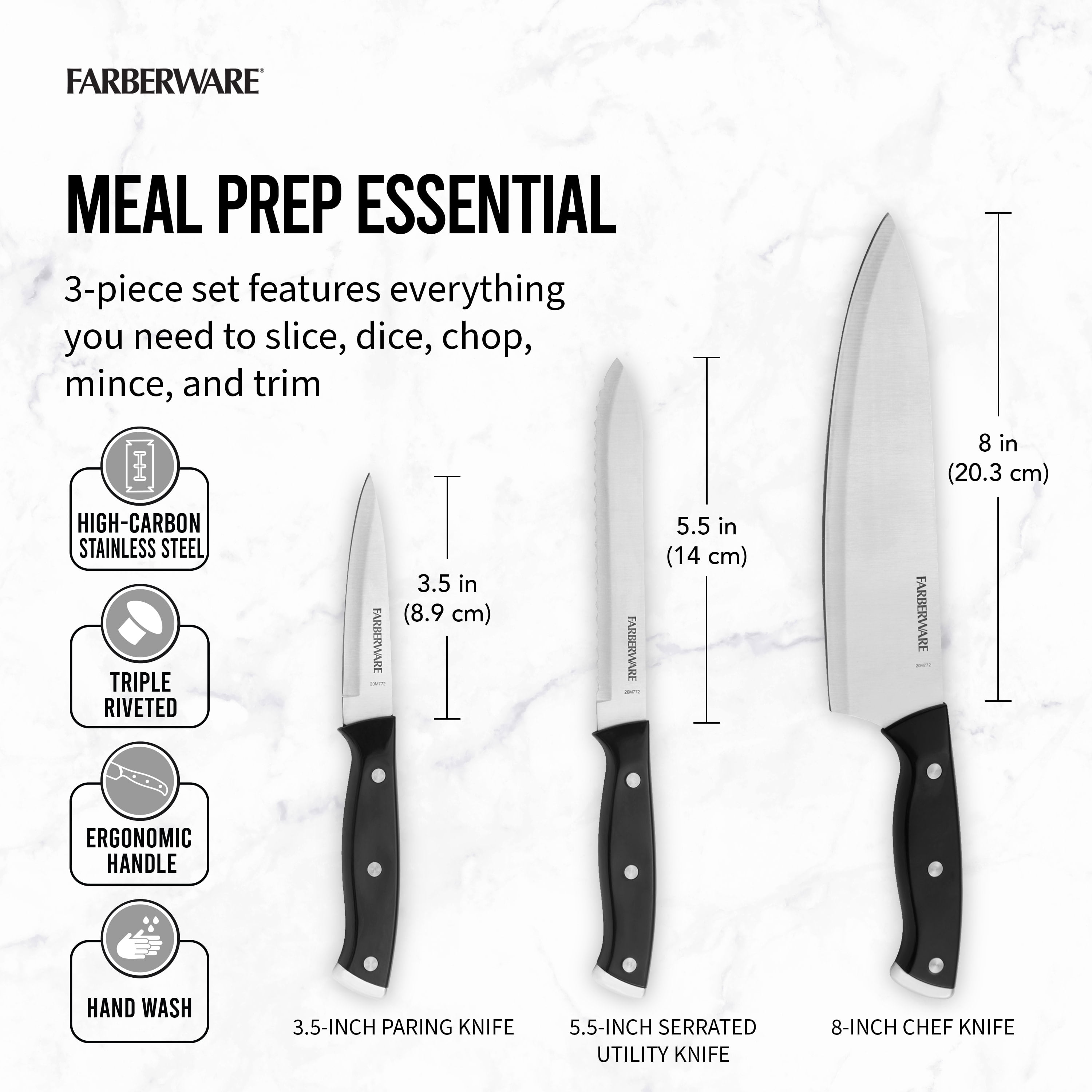  Farberware Stainless Steel Chef Knife Set, 3 Piece, Black: Home  & Kitchen