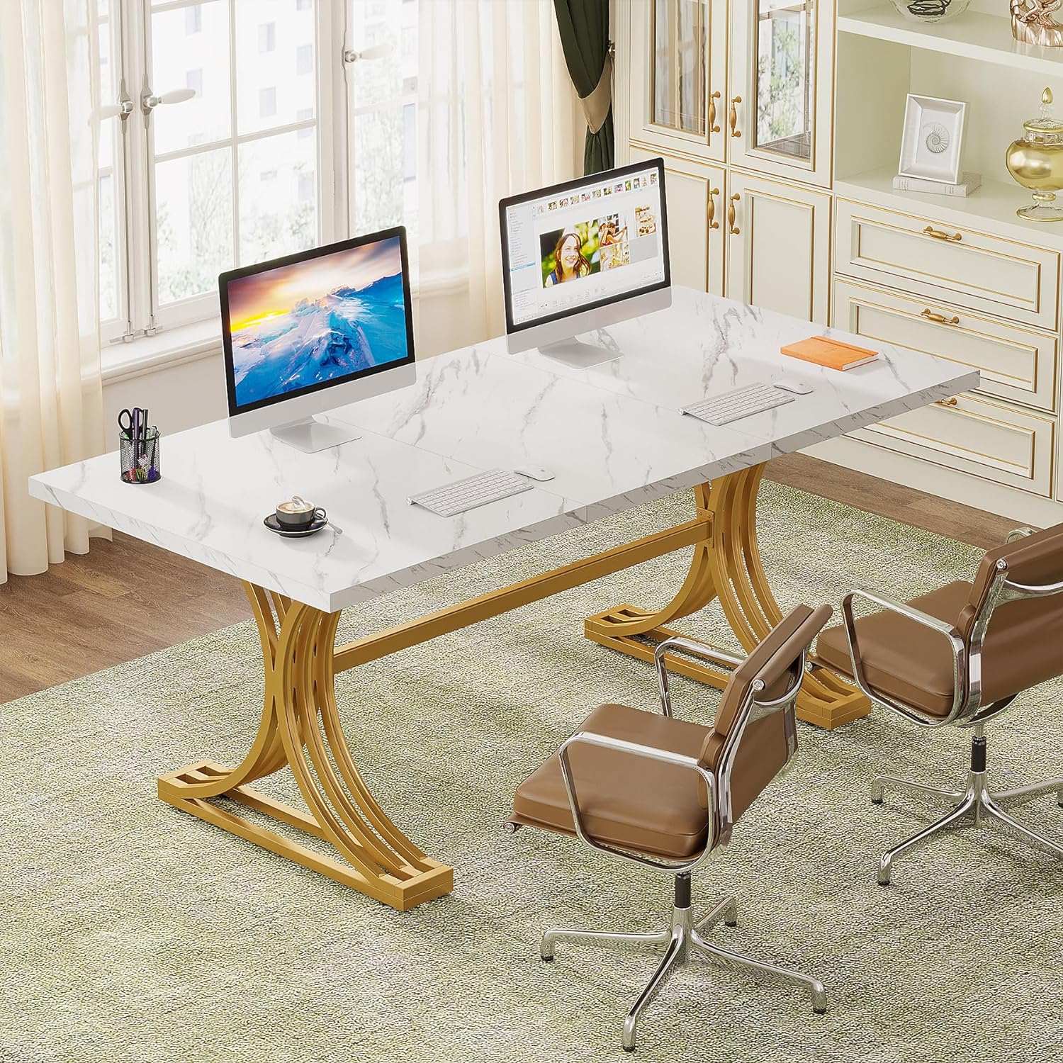 Tribesigns 63'' Executive Desk, Modern Computer Desk with Faux Marble Tabletop, and Stylish Metal Legs