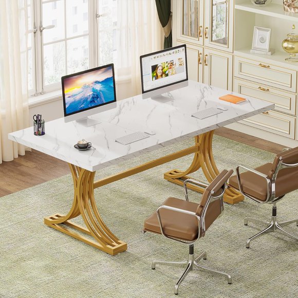 Tribesigns 63" Executive Office Desk, Modern White Faux Marble Writing Desk with Gold Metal Legs, Large Workstation Table for Home Office or Business