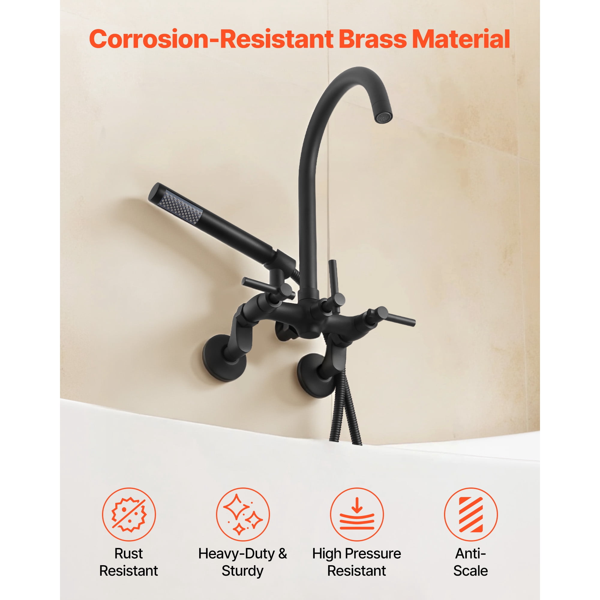 KFFKFF Wall-Mounted Clawfoot Tub Faucet with Handheld Shower, Vintage Matte Black Bathtub Filler Kit Featuring Adjustable Swing Arms & Rotating Gooseneck Spout for Bathtubs