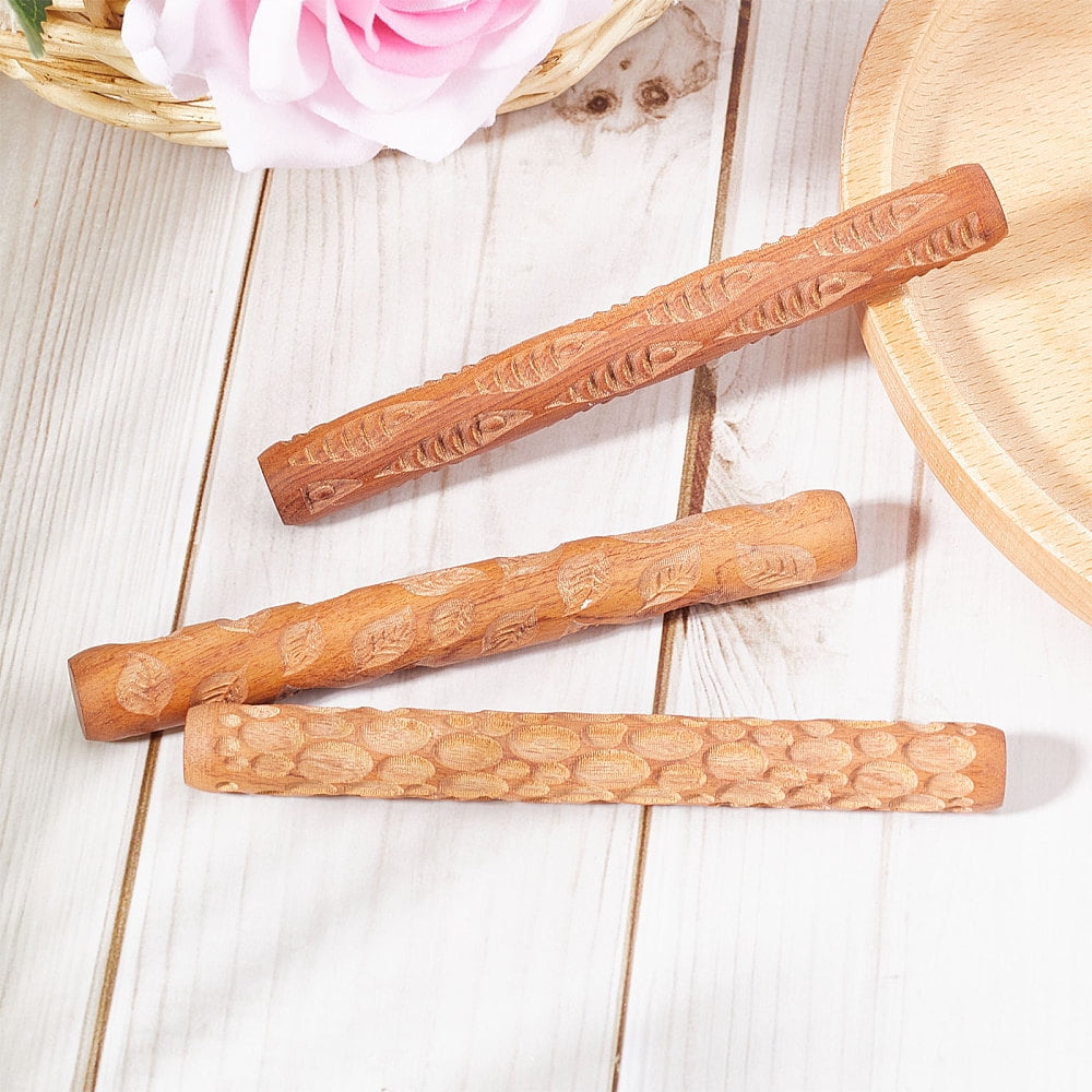 3Pcs 3 Style Wooden Handle Clay Texture Roller Pottery Tools Stone/Leaf/Fish Pattern Mixed Patterns 12x1.5cm 1pc/style