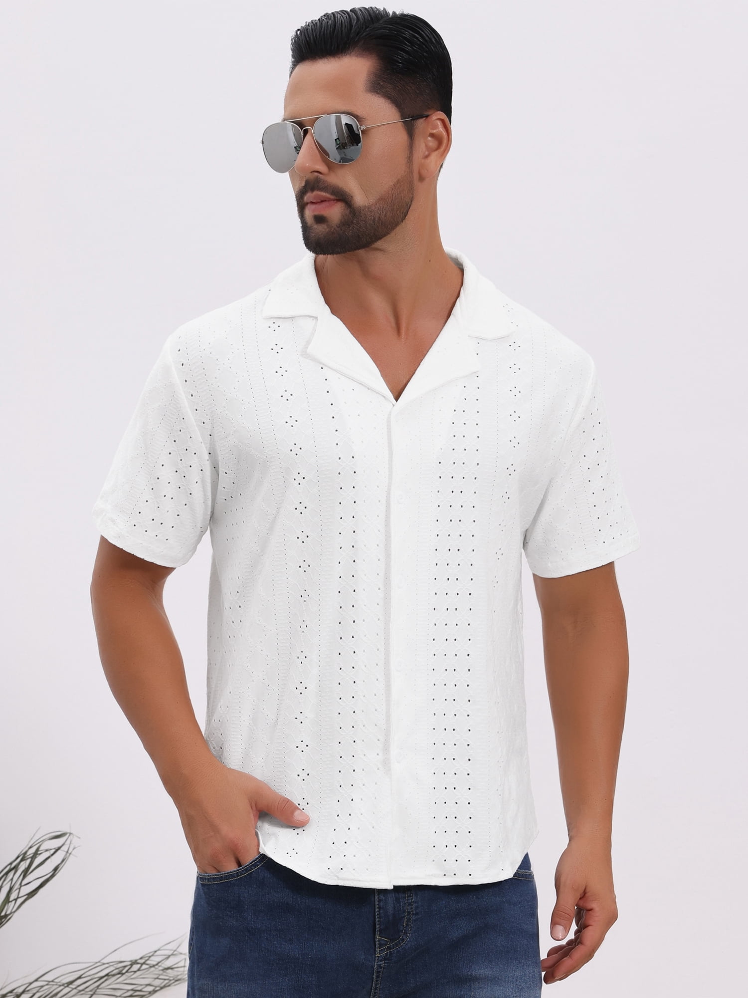 DARING DIVA Men's Hollow Texture Knit Short Sleeve Camp Collar Shirt M White