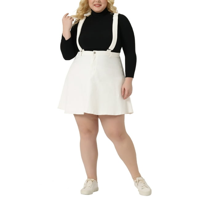 GRACE & GRANDEUR Women's Plus Size Adjustable Strap Jeans Suspender Cross Back Mini Denim A-Line Skirts White 4X