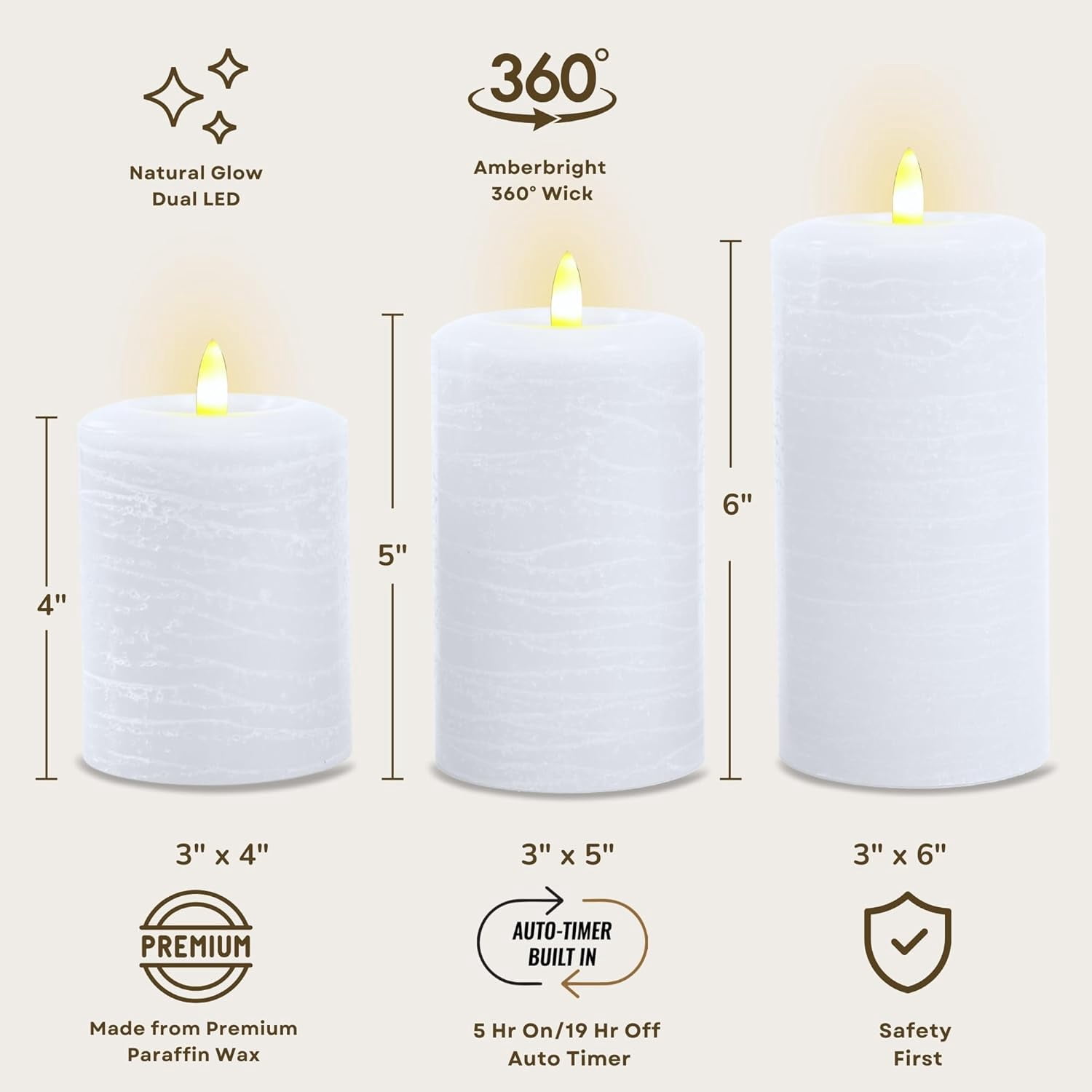 LumiPur Flameless Candles, Flickering LED Battery Operated Wax Pillar Candle, Winter White, 3-Pack