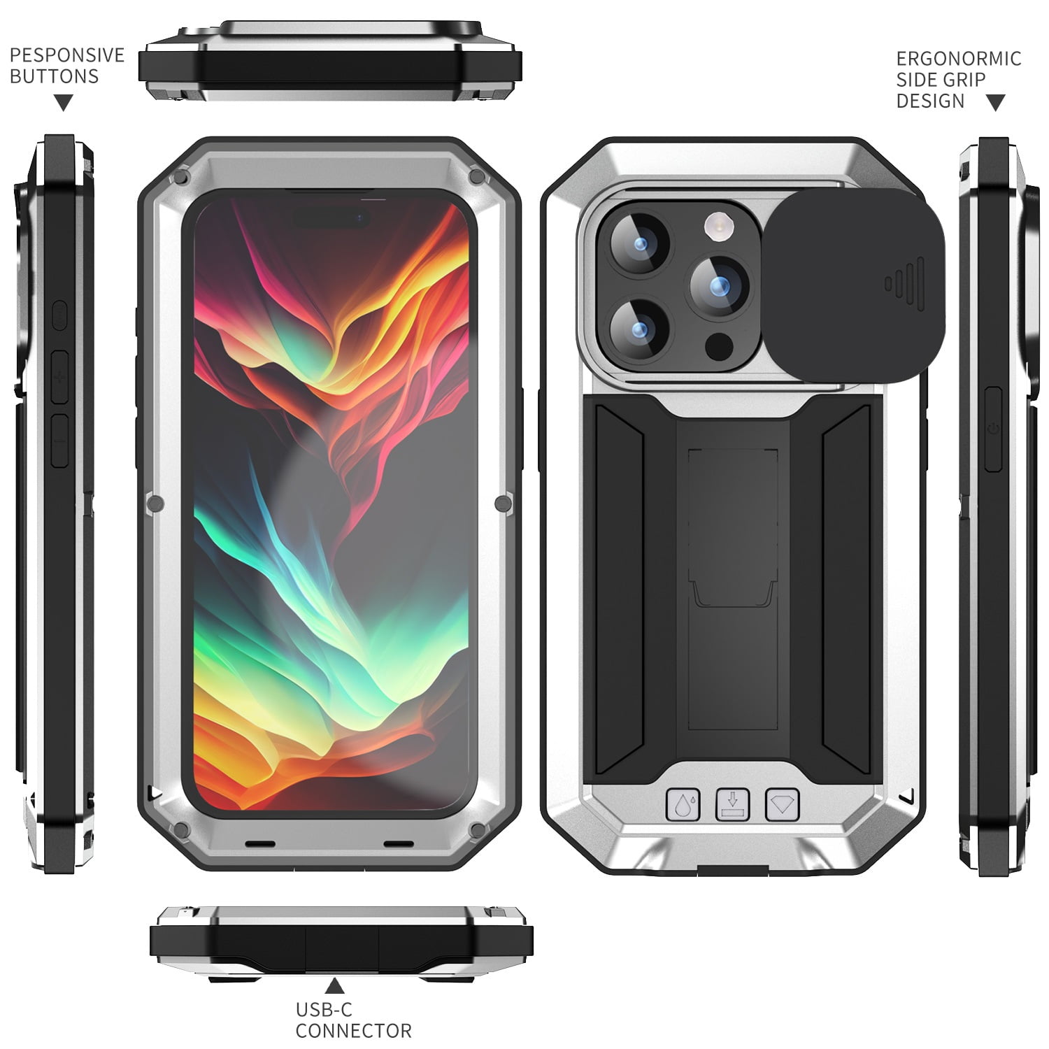 Heavy Duty Rugged Case for iPhone 15 Pro Max with Camera Lens Sliding Kickstand, Triple-Layer Military Grade Metal Frame Shockproof Cover with Screen Protector Dustproof Protective Case,Silver