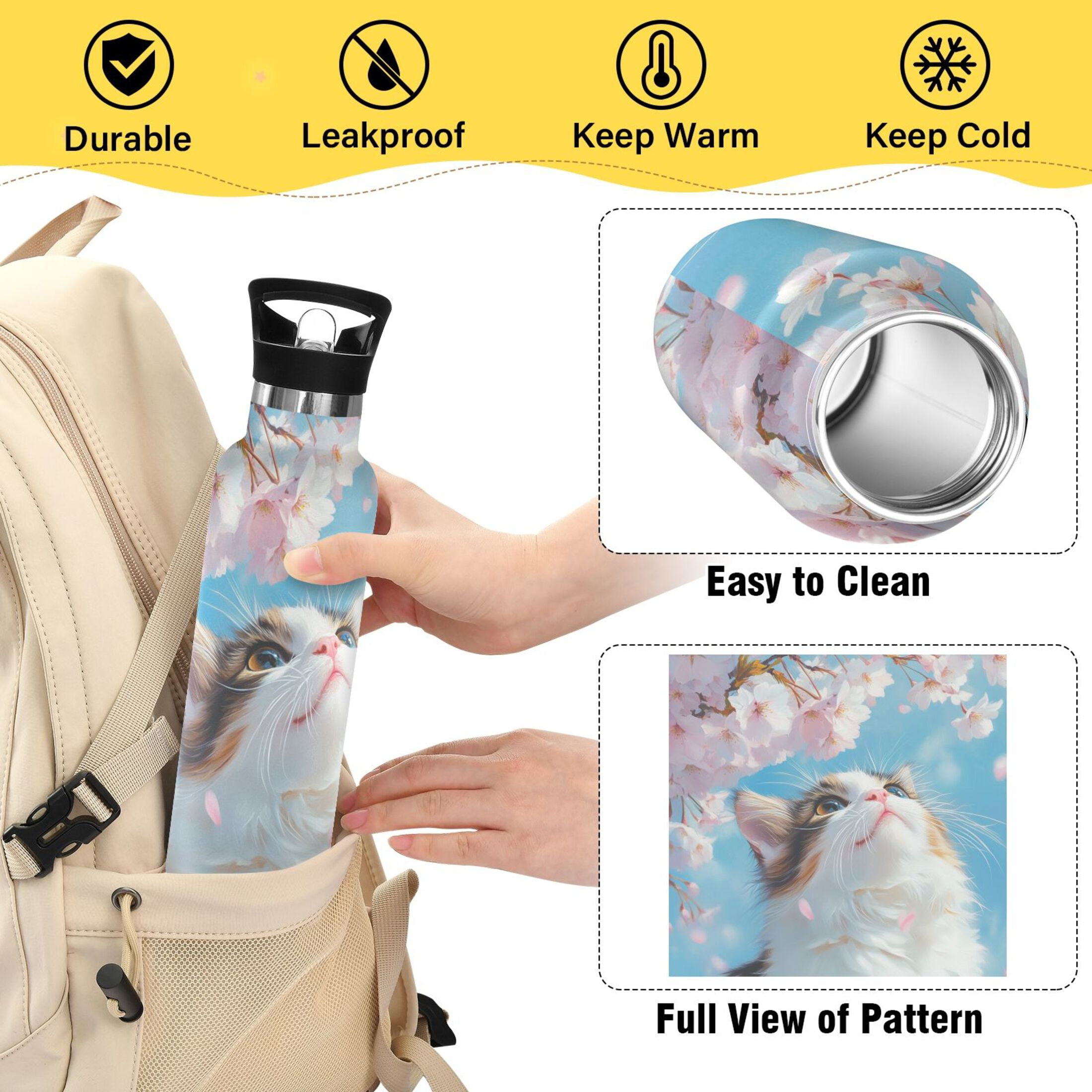 600ML Stainless Steel Insulated Cup Sports Water Bottle Portable Thermos Cup Water Glasses Insulated Tumblers Convenient and Durable Cherry Blossom White Cat