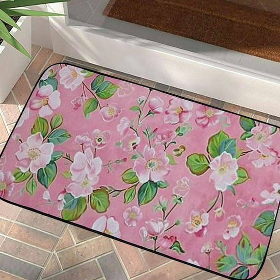 Qinduosi Spring Floral Welcome Mat Front Door Mat, Non-Slip&Absorbent Indoor Door Mats, Durable Rubber Backing Floor Doormat for Entryway, Patio, Porch, Pink 19.68*39.37 in