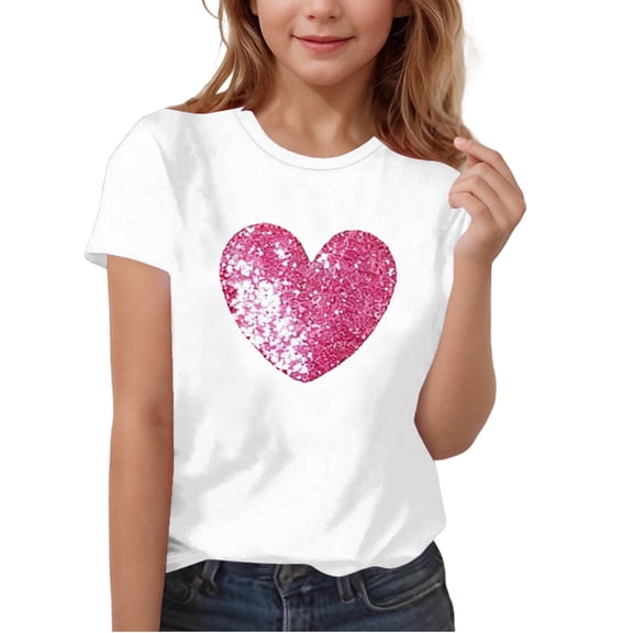 Kilaqueen Valentine's Day Kids Boys Girls Heart Print Short Sleeve Crew Neck Pullover Tops Trendy Casual Lightweight Comfy Shirts