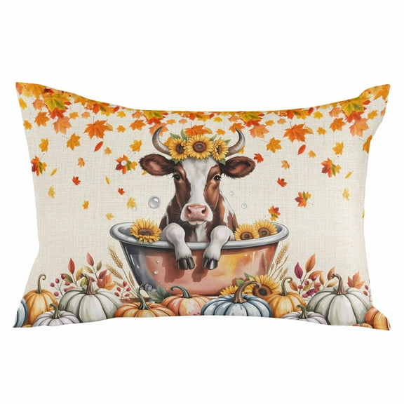 Bathtub Cow Fall Throw Pillow Cover 20 x 26 Inch Decorative Pillow Cover Thanksgiving Pumpkin Sunflower Maple Beige Lumbar Pillowcase Seasonal Rectangle Cushion Case for Couch Sofa Bed Living Room