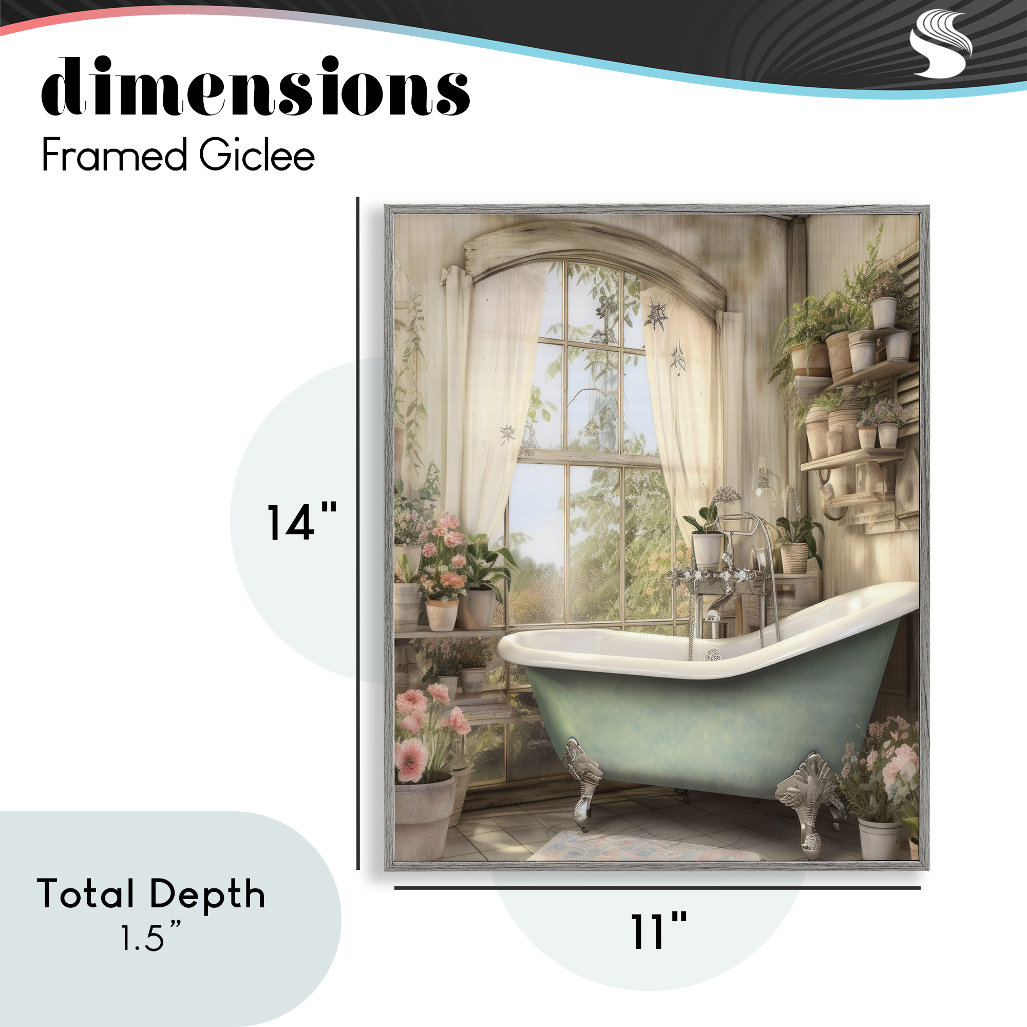 Bathroom with Floral Filled Shelves Gray Framed Giclee Art, design by Lettered and Lined