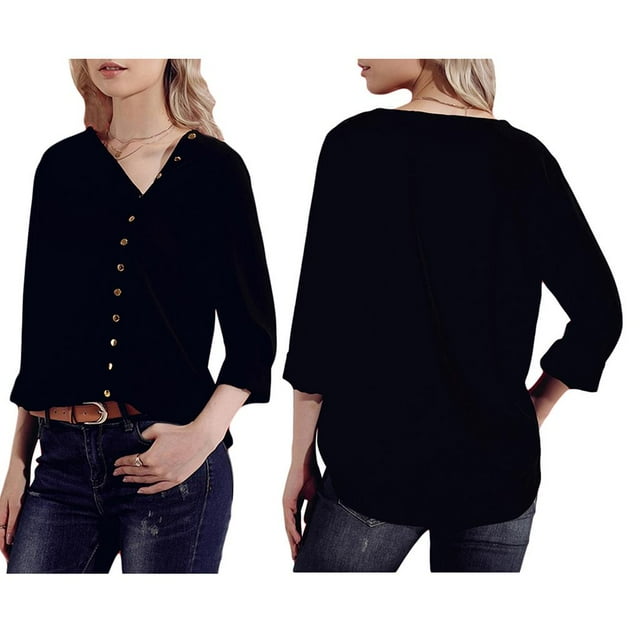sólida con botones dorados retro para mujer Tops Camiseta holgada de manga larga de talla grande para mujer L Yinane Blusa de gasa sólida