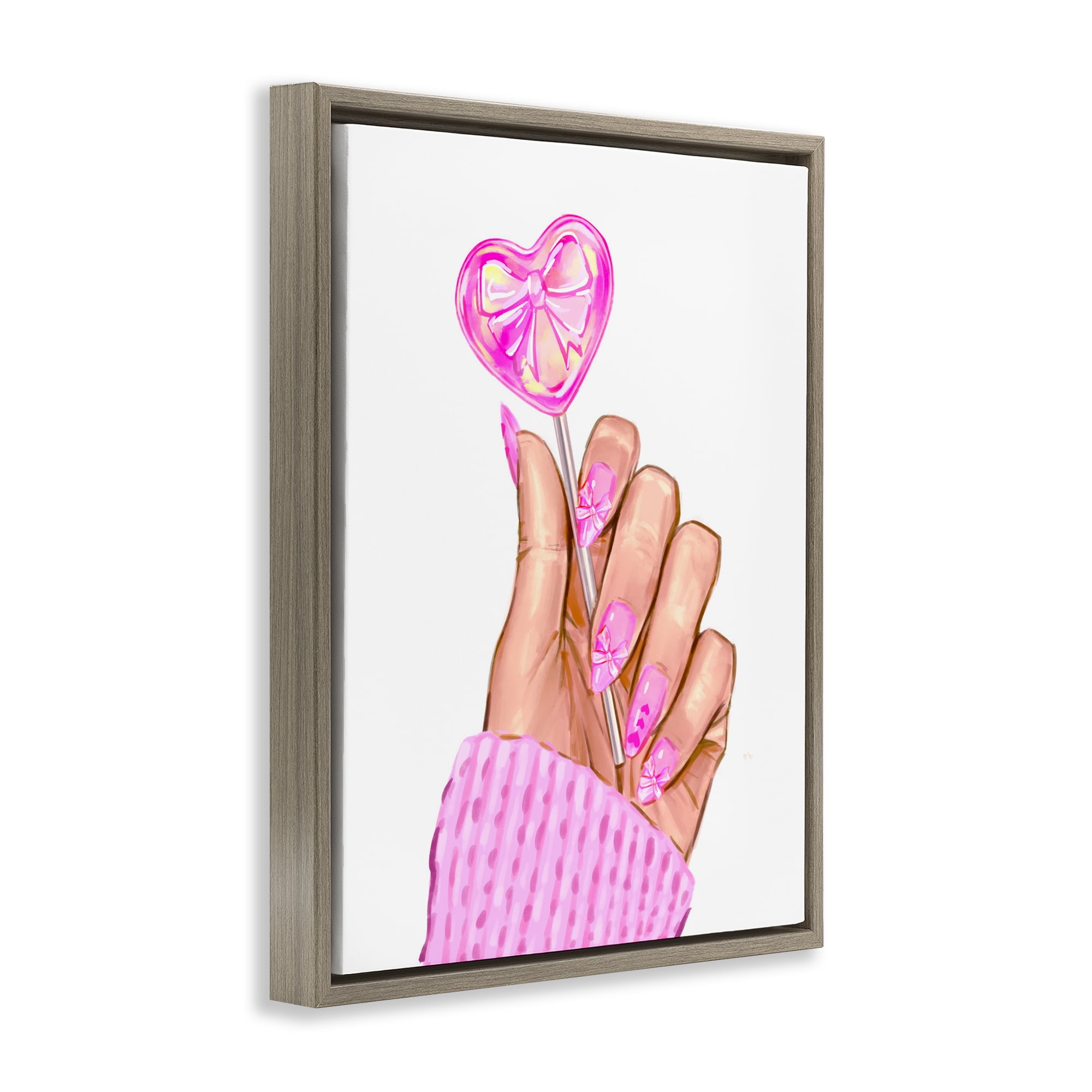 Pink Fashion Bow Lollipop Brown Framed Floater Canvas Wall Art, design by Ziwei Li