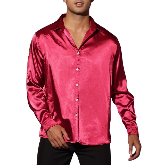 INSPIRE CHIC Men's Dress Satin V Neck Long Sleeves Button Down Party Shirts