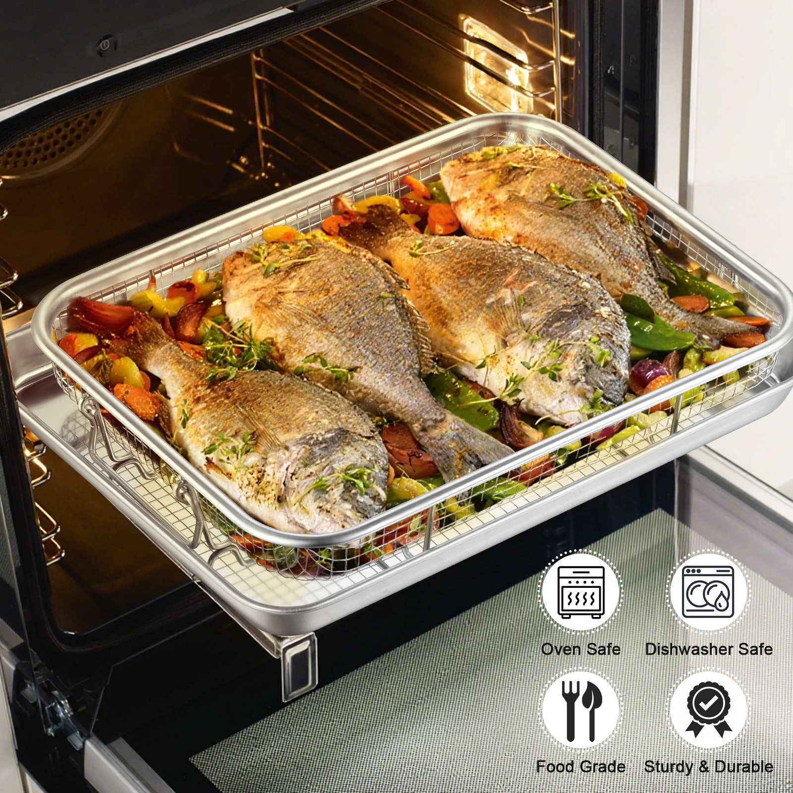 Vesteel 16 inch Air Fryer Basket Set, Stainless Steel Baking Pan