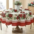 thumbnail image 3 of Christmas Presley Red and White Poinsettia Double Bordered 70 inch Round Fabric Tablecloth, Holiday Cottage Floral Border Print Table Cover for Dining Party, 3 of 8