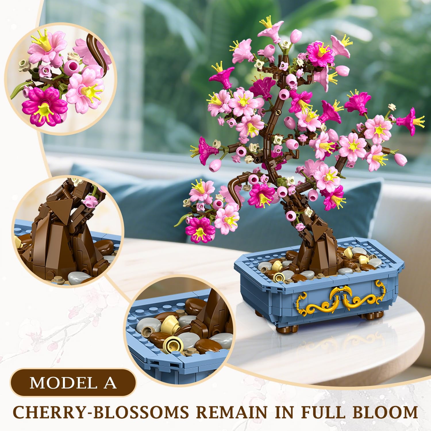 HOGOKIDS Cherry Blossom Bonsai Building Set 2-in-1, 775 PCS Flower Botanical Building Blocks with Display, Artificial Plant Model Kit for Adults Teens, Home Decor Gift