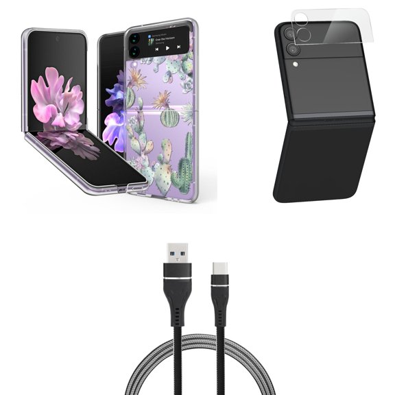 Bemz Premium Bundle for Samsung Galaxy Z Flip 3 5G: Slim Snap-On Protector Case (Watercolor Cactus), Rear Camera Glass Protector, Nylon Braided USB-C to USB-A Cable (3 Feet)