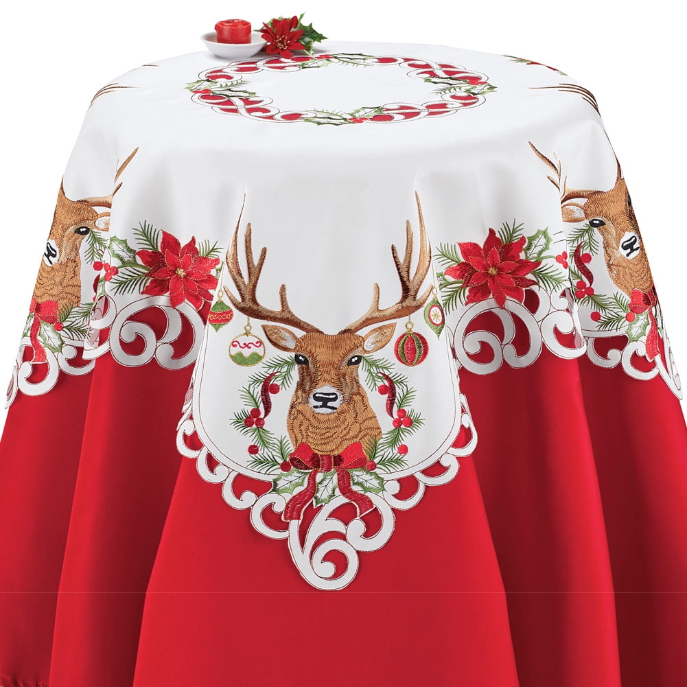 Collections Etc Embroidered Deer with Ornaments White Christmas Table