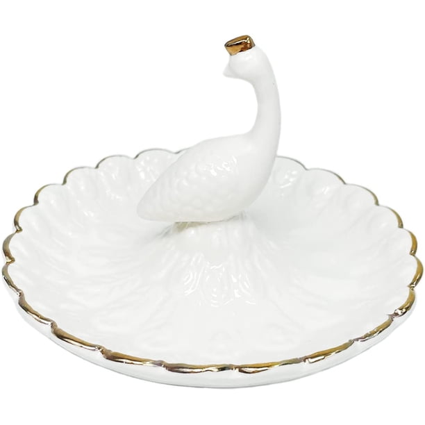 Plato para sujetar anillos, bandeja organizadora de cerámica con forma de pavo real para guardar joyas, pendientes y collares, regalos de decoración de bodas para niñas y mujeres (blanco)