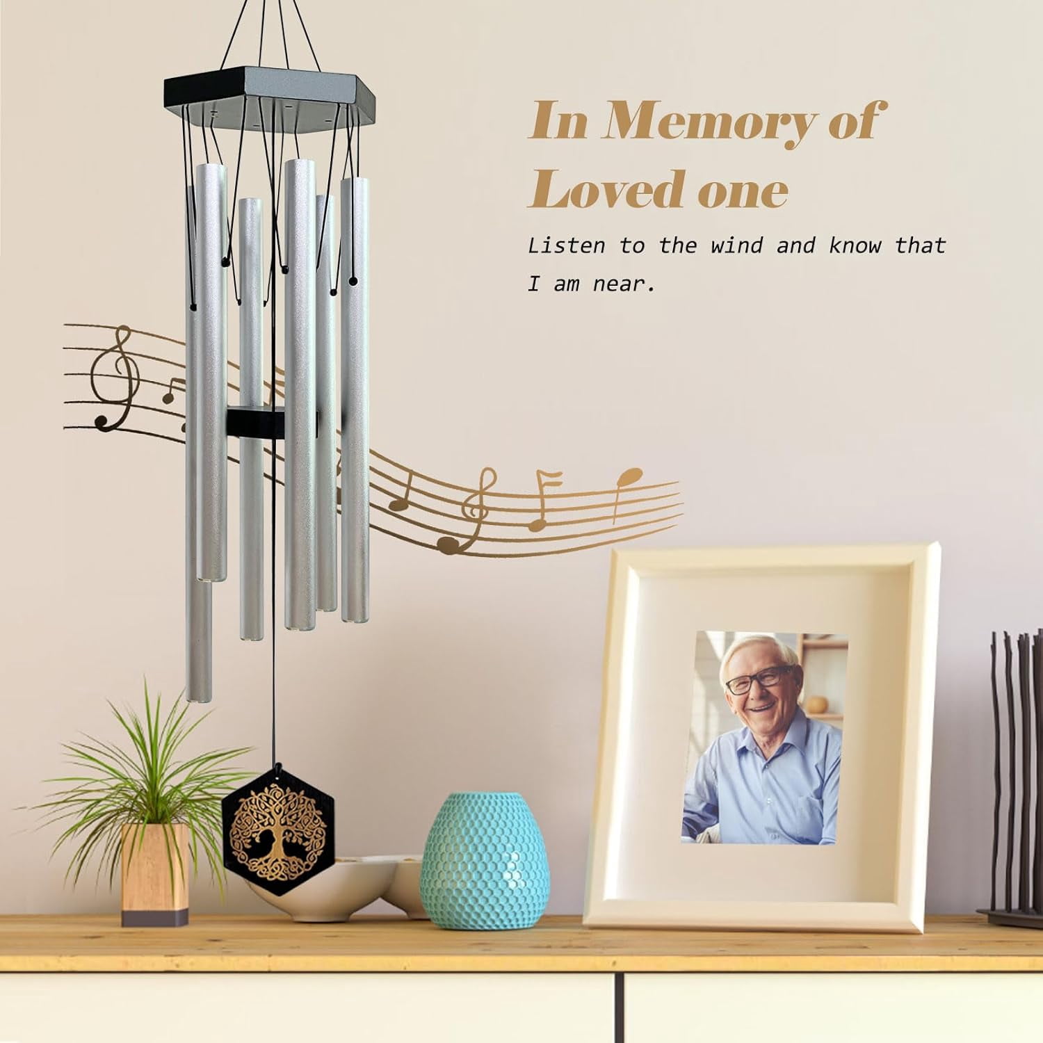 Wind Chimes for Outside, 33 inch Memorial Wind Chime in Memory of Loved Mon Dad, Sympathy Gifts, Tree of Life Windchime Deep Tone Create a Zen Atmosphere for Garden Home (Silver)