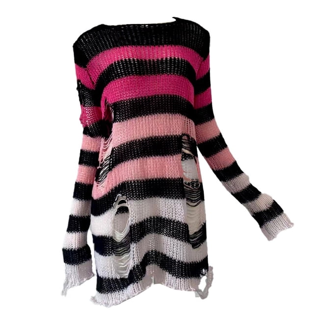 HNMKIU Chandail Rayé Dégradé pour Femmes, Mi-Long, Ample, Style Punk, Automne Hiver, Mode, Rose Vif, Taille Unique