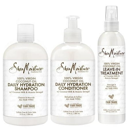 SheaMoisture Shampoo & Conditioner   Leave-in Treatment, Daily Hydration with Coconut Oil, Hair Detangler, Frizz Control, Cruelty-Free (3 Piece Set)