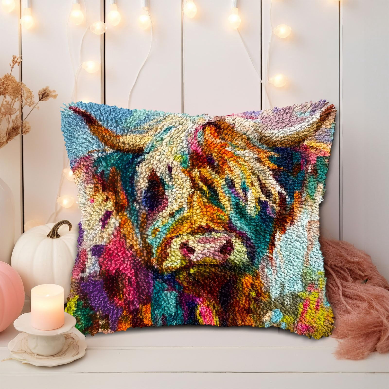 Rainbow Color Highland Cattle DIY Latch Hook Pillow Kits for Adults Printed Pillowcase Crochet Yarns Hooking Handmade Pillow Cover Cushion for Home Sofa Decoration 17x17inch(3)